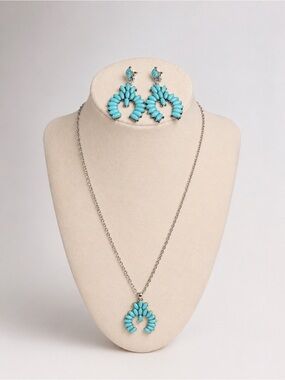 Turquoise Statement Jewelry Set Necklace Earrings Western Boho Silver Tone